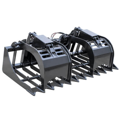 Prime Attachments Skid Steer Root Grapple, black, angled view with dual claw arms and teeth.