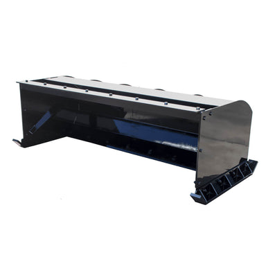 Prime Attachments Skid Steer Snow Box in black color, angled view with robust construction features.