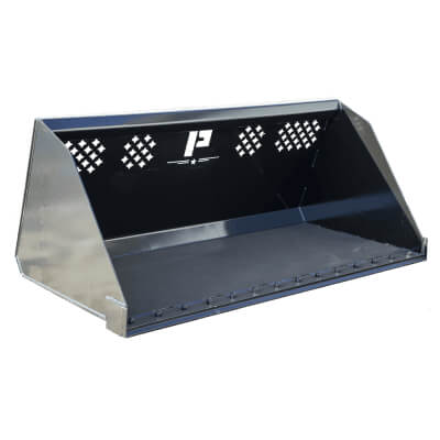 Prime Attachments Skid Steer Snow Bucket, angled view, gray metal construction with grid design.