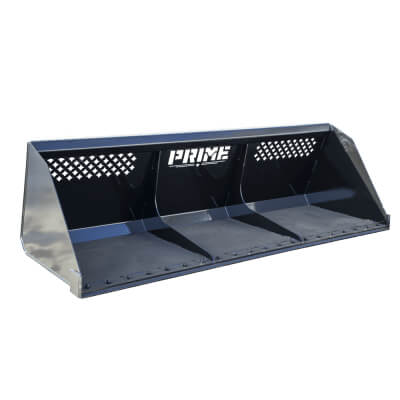 Skid Steer Snow Bucket by Prime Attachments, angled view in durable black steel with lattice design.