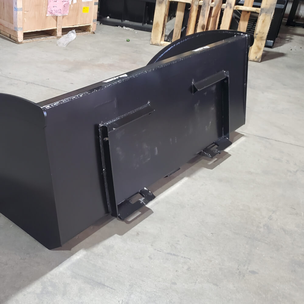 Skid Steer Snow Bucket by Glacier Attachments, black, angled view showcasing robust design.