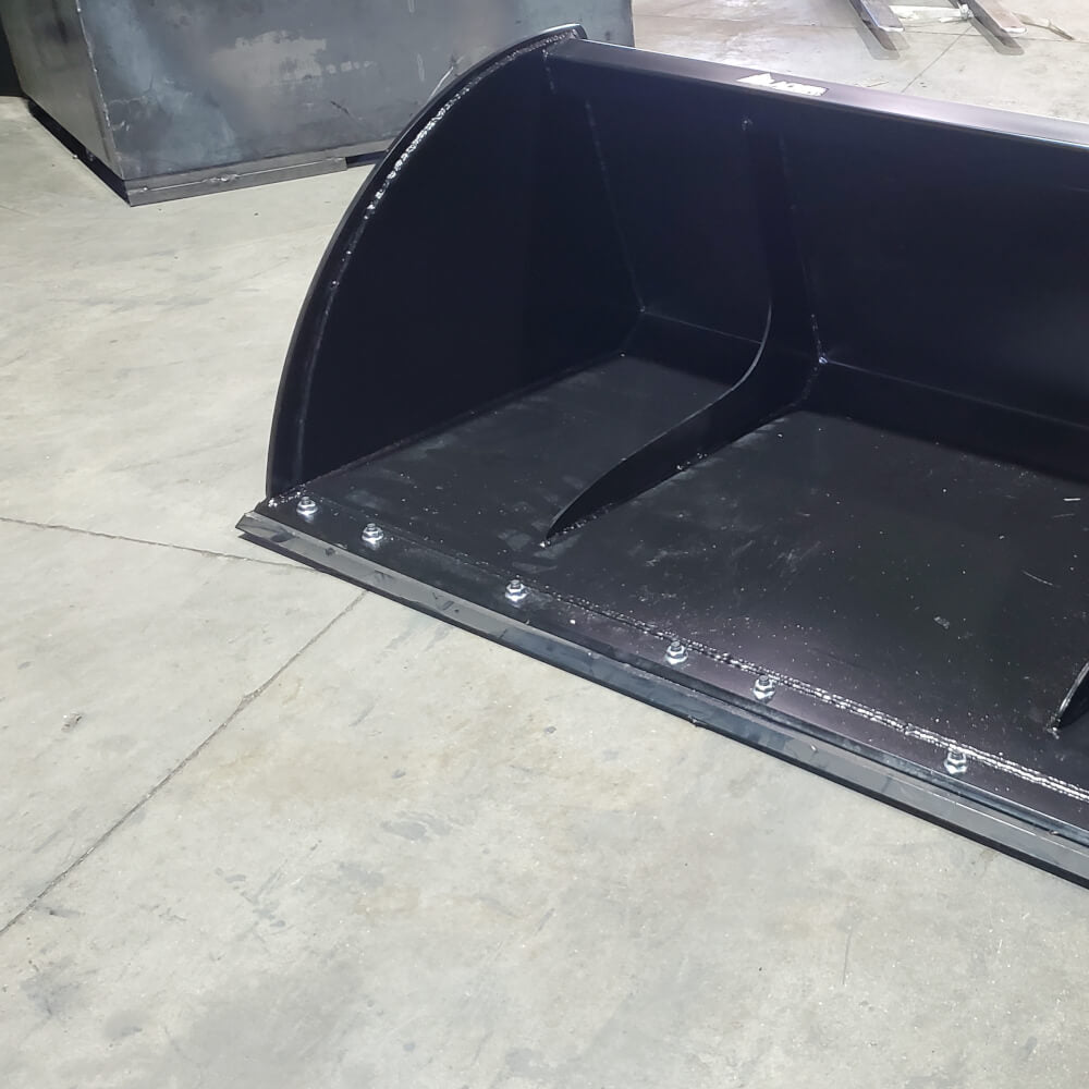 Glacier Attachments skid steer snow bucket, black, angled view with robust construction and smooth interior.