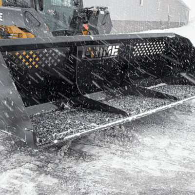 Prime Attachments Skid Steer Snow Bucket, black, angled view with a strong, durable design.