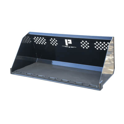Skid Steer Snow Bucket by Prime Attachments, black, front view with reinforced edges and vents.