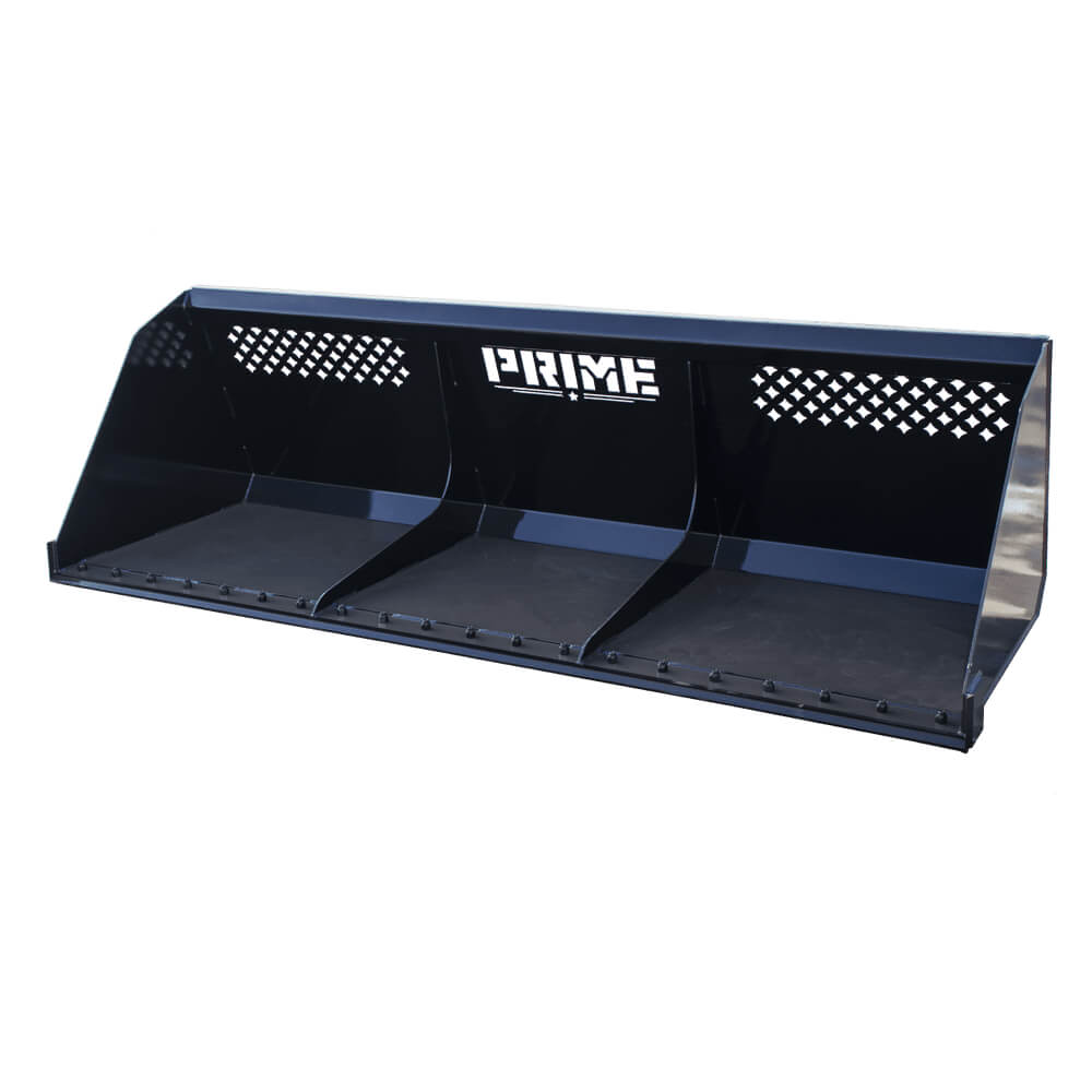 Prime Attachments Skid Steer Snow Bucket, black, front view with three-divided design.