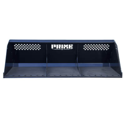 Prime Attachments Skid Steer Snow Bucket front view, durable black with perforated design.