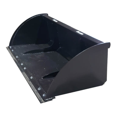 Glacier Attachments skid steer snow bucket, black, angled view with durable steel construction.