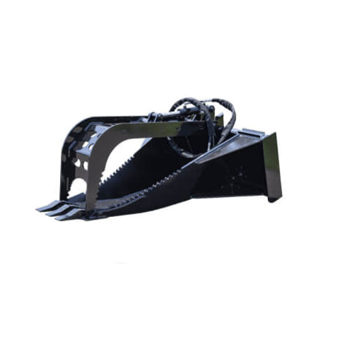 Prime Attachments Skid Steer Stump Bucket Grapple, black, angled view with strong claws and hydraulic hoses.