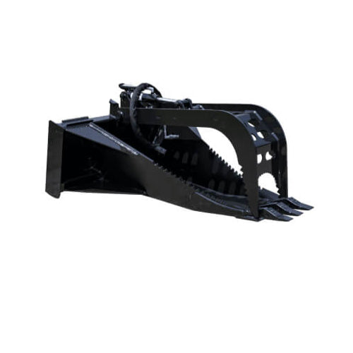 Prime Attachments Skid Steer Stump Bucket Grapple, black, angled view with sharp teeth and hydraulic arms.