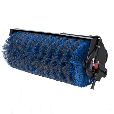 Skid Steer Sweeper Attachment by Prime Attachments, blue bristles with black frame, angled view.