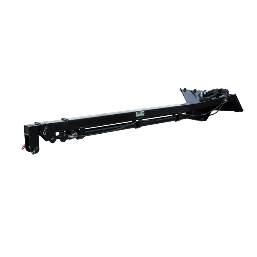 Skid Steer Teleboom by Prime Attachments, black, angled view, durable construction with hydraulic features.
