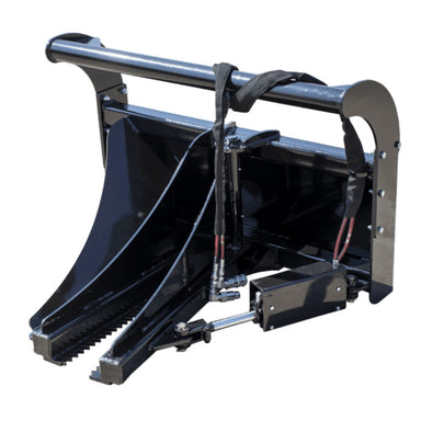 Skid Steer Tree Puller Attachment by Prime Attachments, black, front view with hydraulic features.
