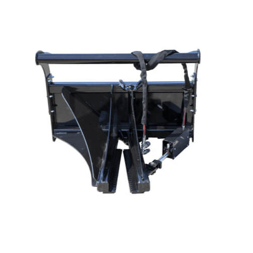 Prime Attachments Skid Steer Tree Puller Attachment, back view in black with sturdy arms.