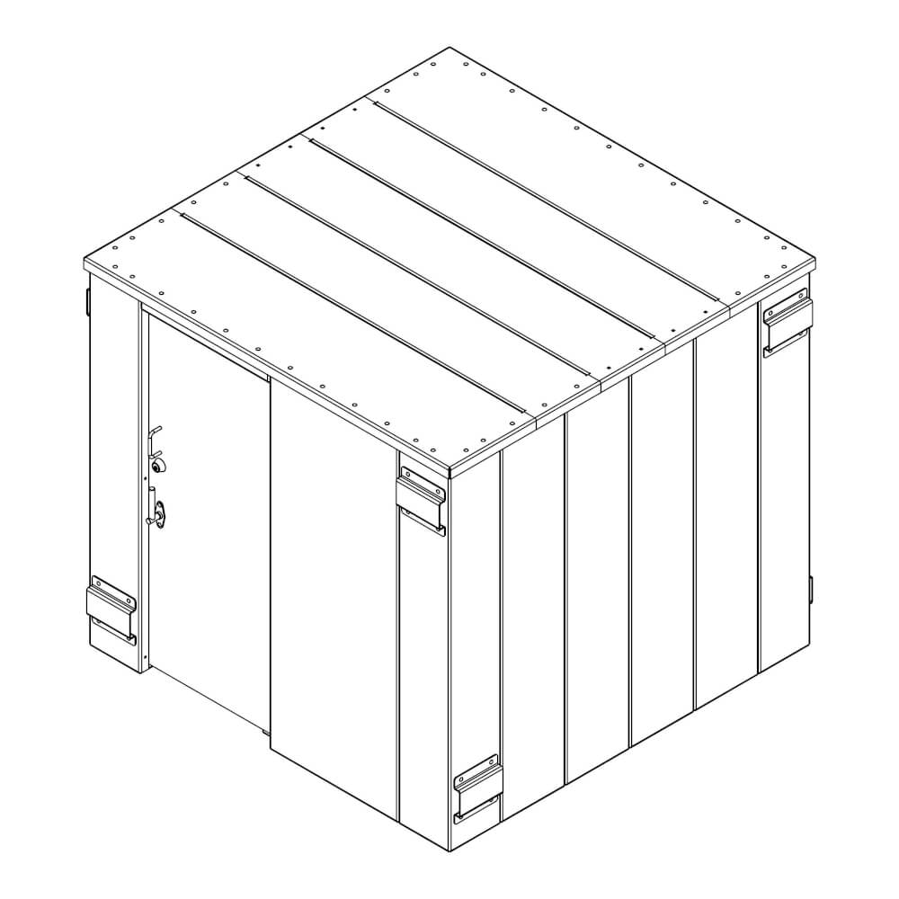 Swisher 14 Person ESP Safety Shelter angled view, featuring a sturdy design with a solid door.