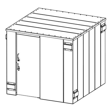 Swisher 14 Person ESP Safety Shelter angled view, featuring a sturdy design and double doors.
