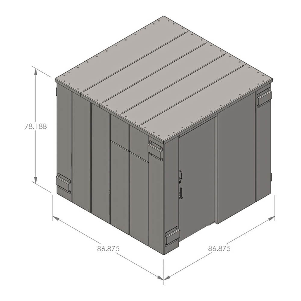 Swisher 14 Person ESP Safety Shelter, gray, angled view with large dimensions and sturdy doors.