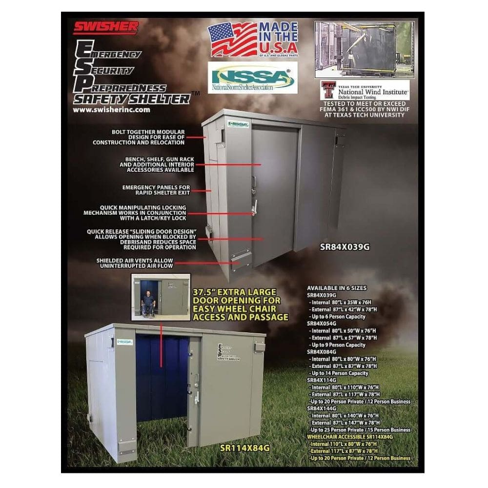 Swisher ESP Safety Shelter for 14 persons, gray design with dual sliding doors and ventilation.