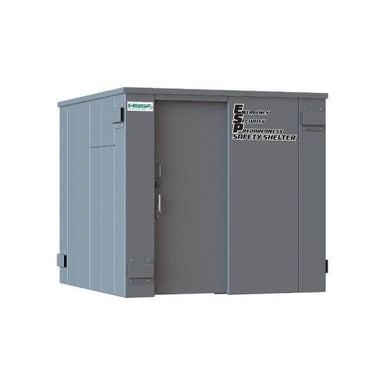 Swisher 14 Person ESP Safety Shelter, grey, front view, secure doors and weather-resistant design.