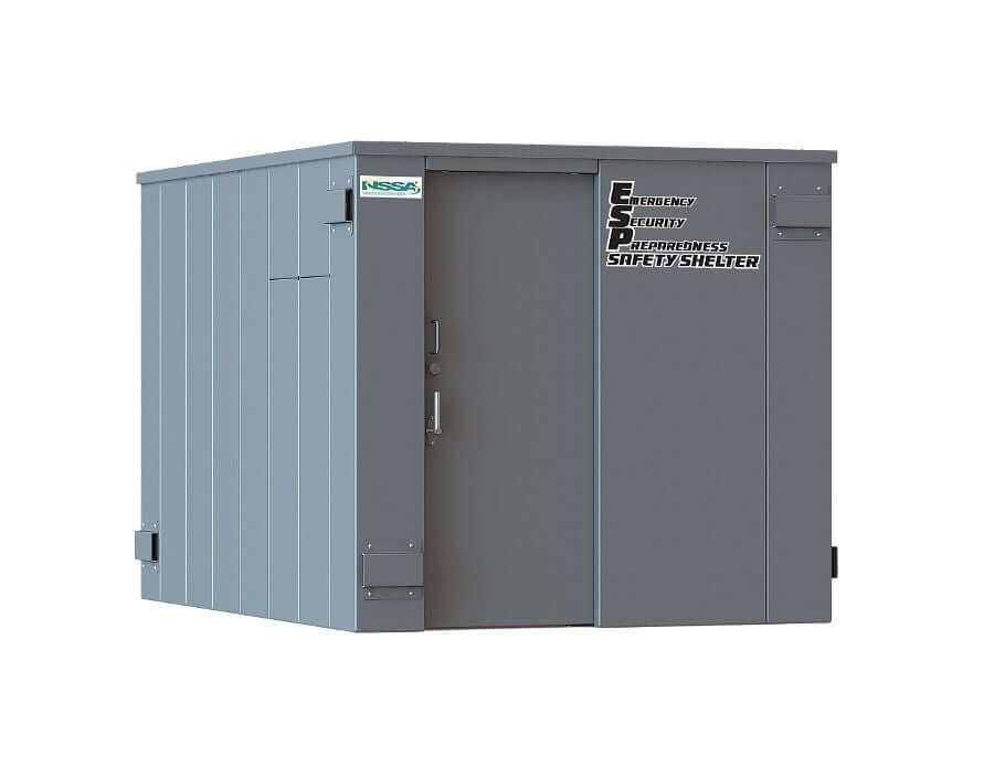 Swisher 20 Person ESP Safety Shelter front view, gray metal structure with secure door features.