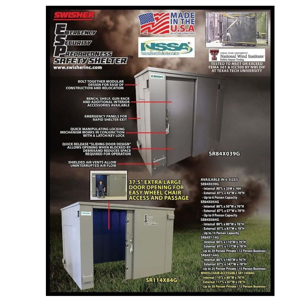 Swisher 20 Person ESP Safety Shelter in gray, featuring double doors and ventilation.