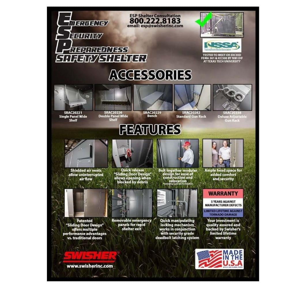 Swisher 20 Person ESP Safety Shelter, gray, featuring a sliding door design and removable panels.