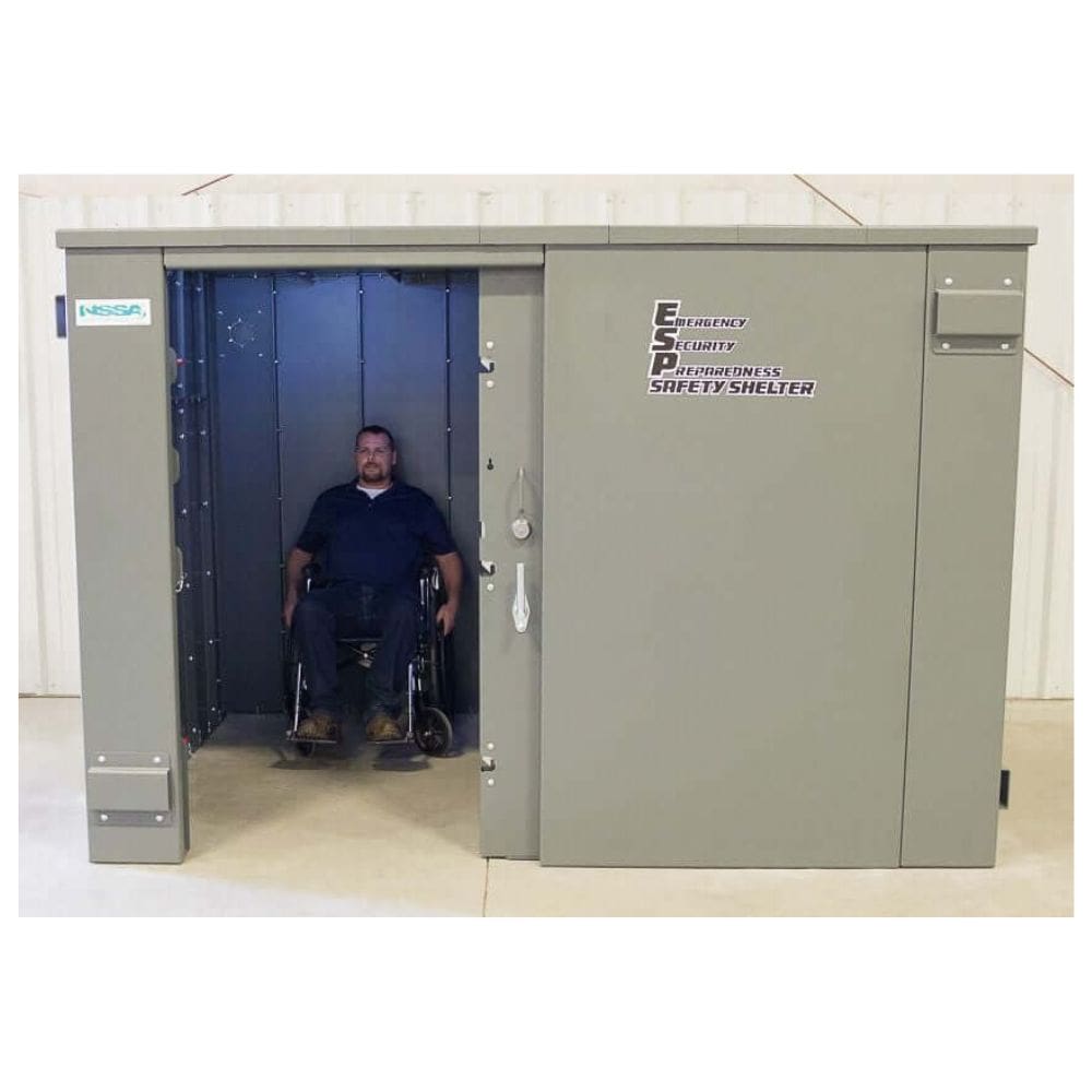 Swisher 20 Person ESP Wheelchair Accessible Storm Shelter, gray, front view with a secure entrance.