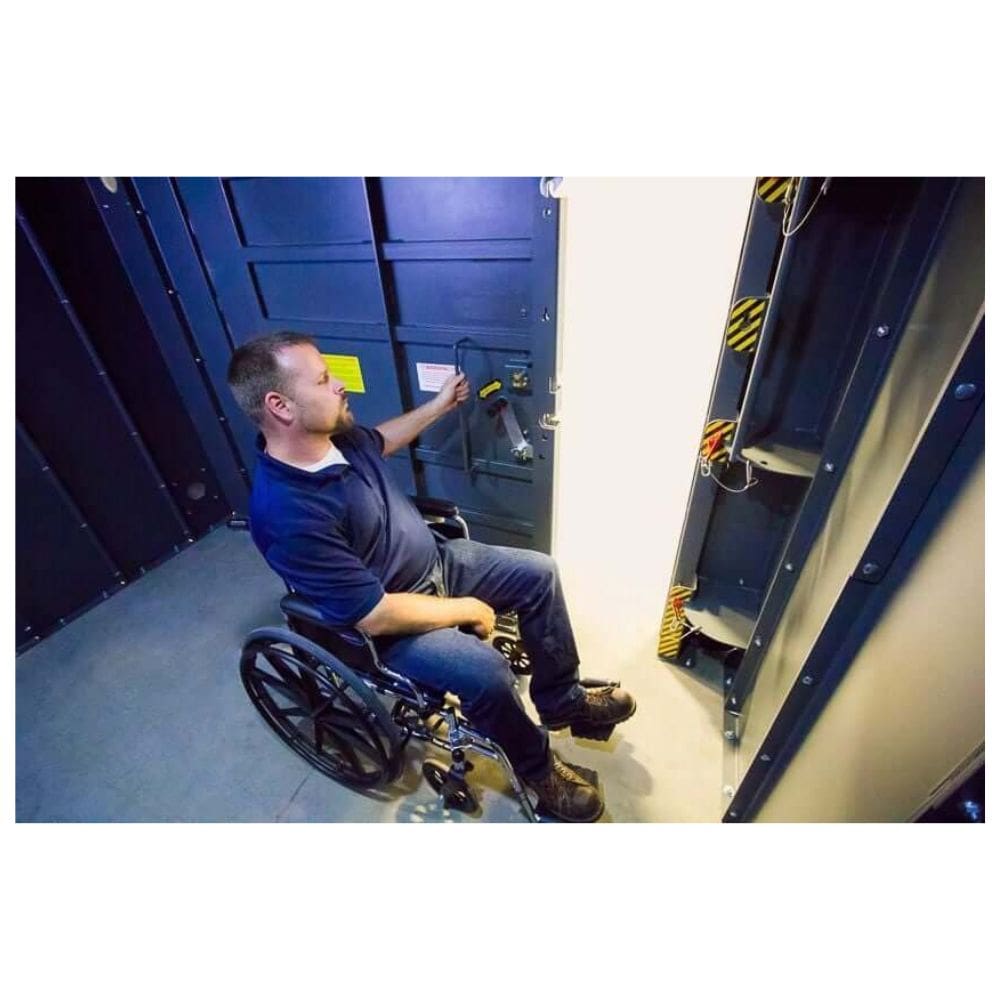 Swisher 20 Person ESP Wheelchair Accessible Storm Shelter, interior view with accessible features and secure door.