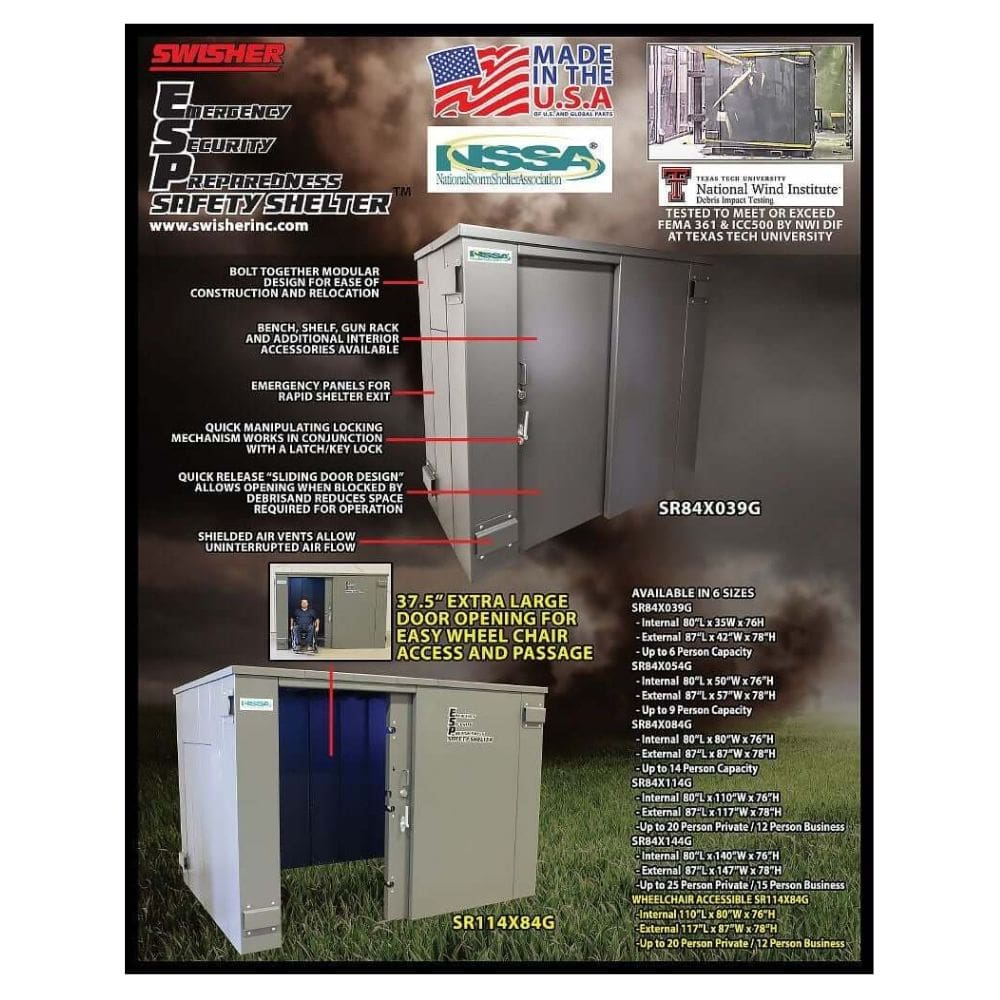 Swisher 20 Person ESP Wheelchair Accessible Storm Shelter, gray exterior with large sliding door for easy access.