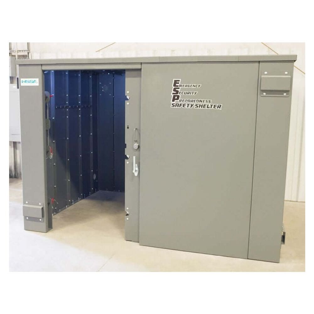 Swisher 20 Person ESP Wheelchair Accessible Storm Shelter, gray, front view with double doors.