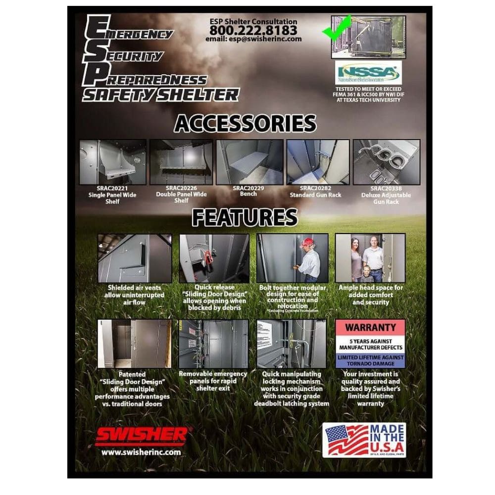 Swisher 20 Person ESP Wheelchair Accessible Storm Shelter, gray with sliding door design and ample headspace.