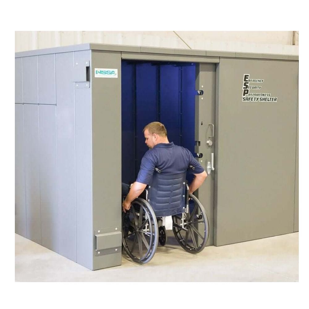 Swisher 20 Person ESP Wheelchair Accessible Storm Shelter, grey unit with wide opening for accessibility.