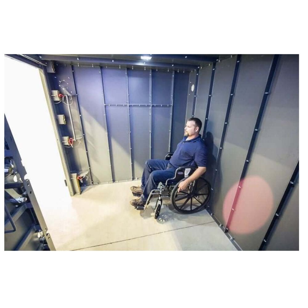 Swisher 20 Person ESP Wheelchair Accessible Storm Shelter interior view, gray metal walls, accommodates wheelchair.