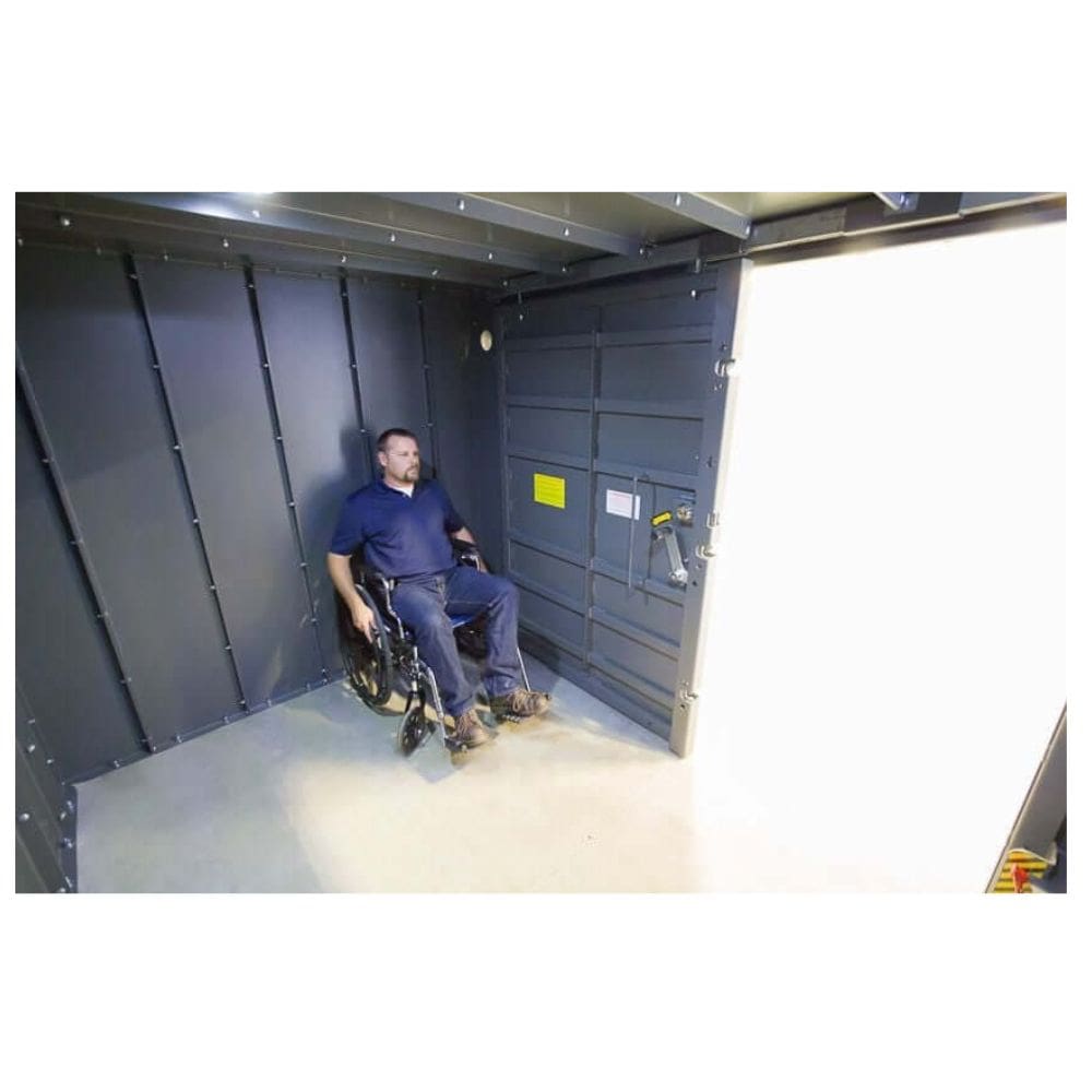 Swisher 20 Person ESP Wheelchair Accessible Storm Shelter interior view, gray walls with safety features.