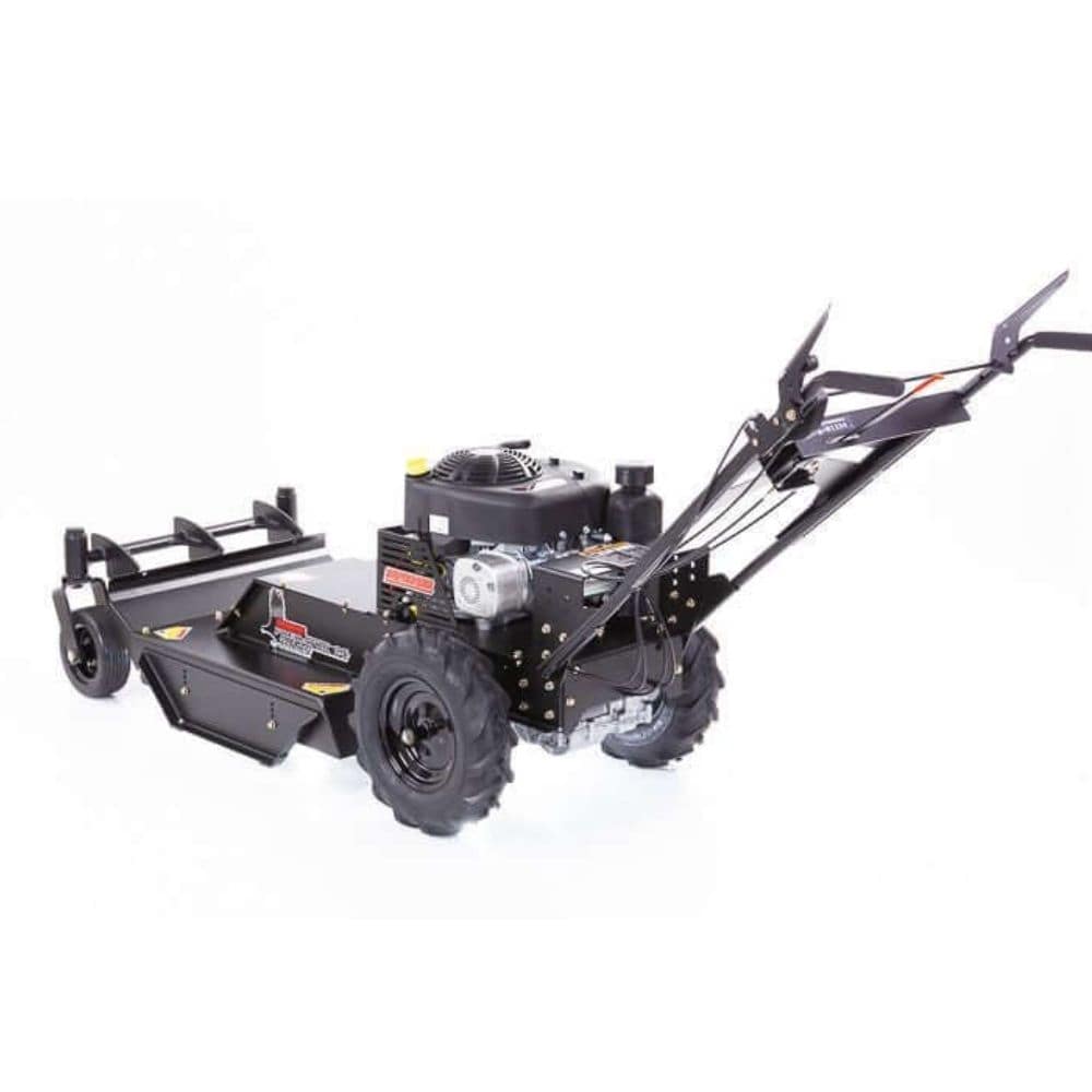 Swisher 24" Walk Behind Rough Cut Mower, angled view, black body with rugged wheels and handles.