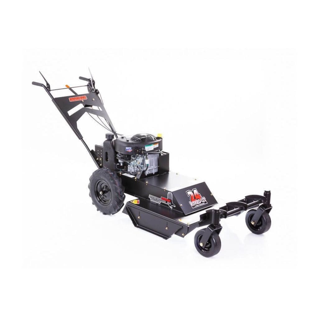 Swisher 24" Walk Behind Rough Cut Mower, black, angled view with large wheels and handle.