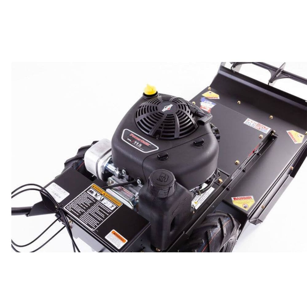 Swisher 24" Walk Behind Rough Cut Mower, black engine with 11.5HP, angled view.