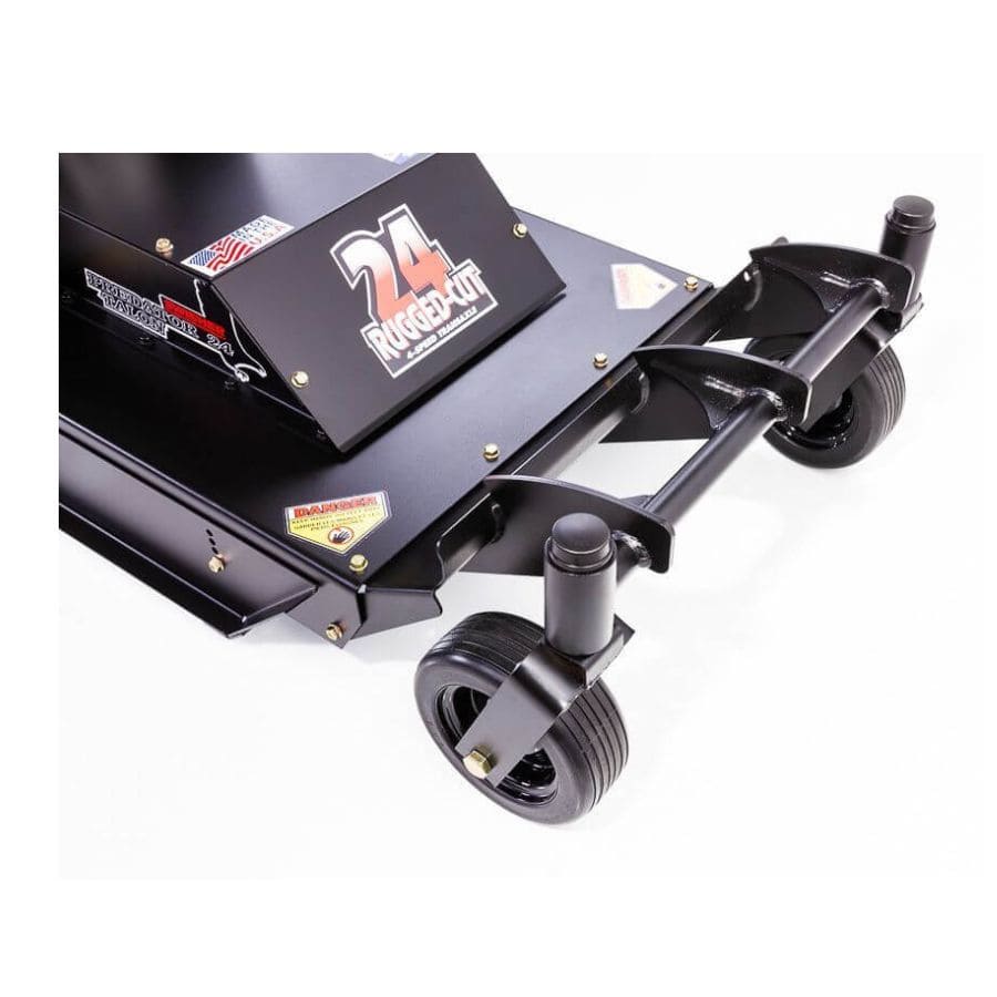 Swisher 24" Walk Behind Rough Cut Mower, black with casters, angled view showcasing handle and wheels.