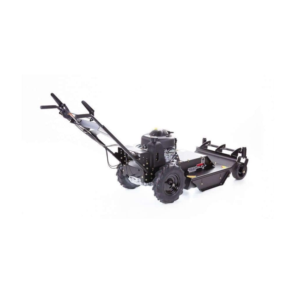 Swisher 24" Walk Behind Rough Cut Mower with Casters, black, featuring front-facing handlebars and large wheels.