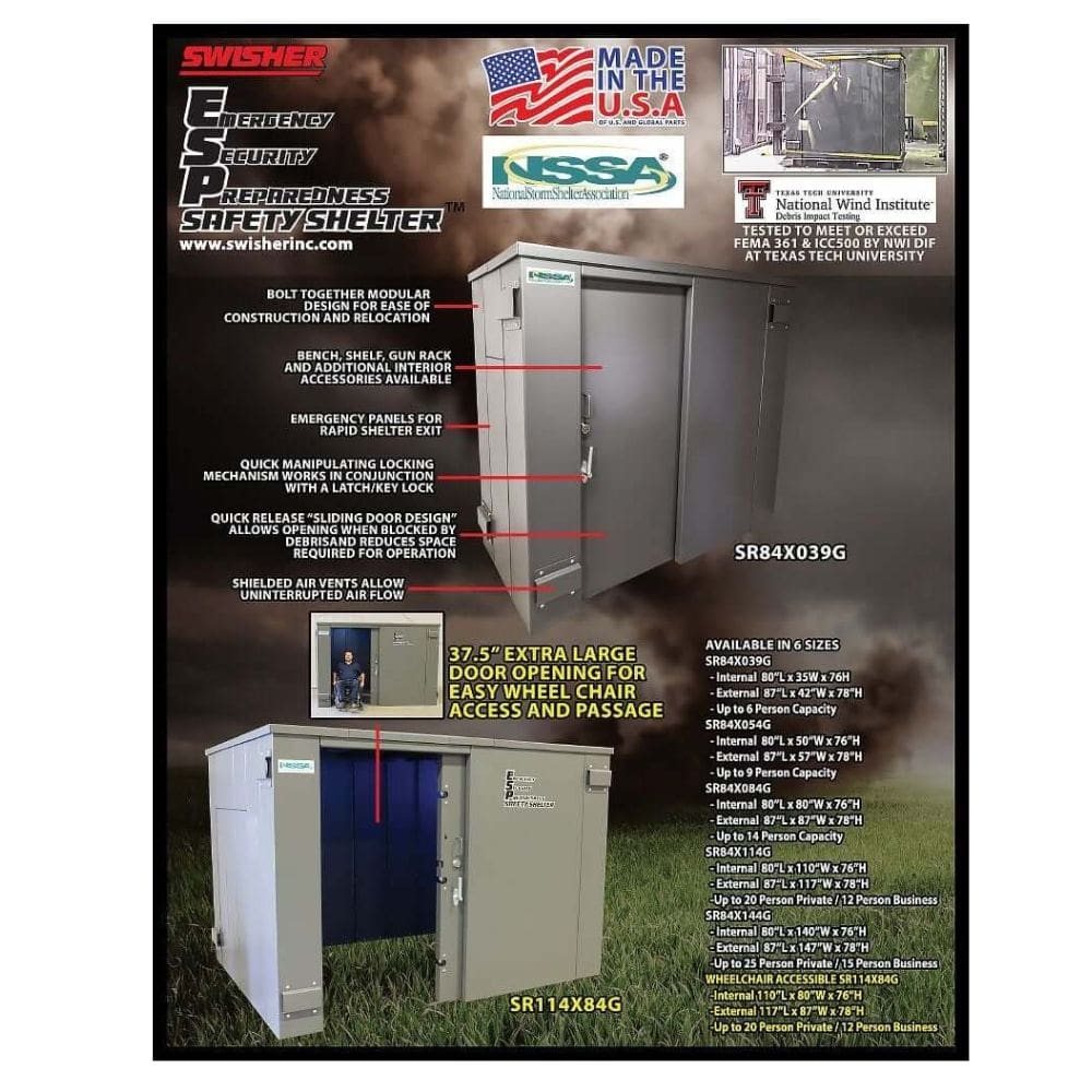 Swisher 25 Person ESP Safety Shelter, gray, front view with extra-large sliding door and vents.