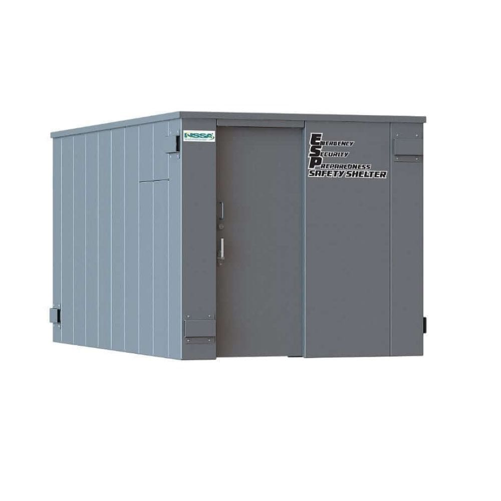 Swisher 25 Person ESP Safety Shelter, gray, angled view with door and ventilation features.