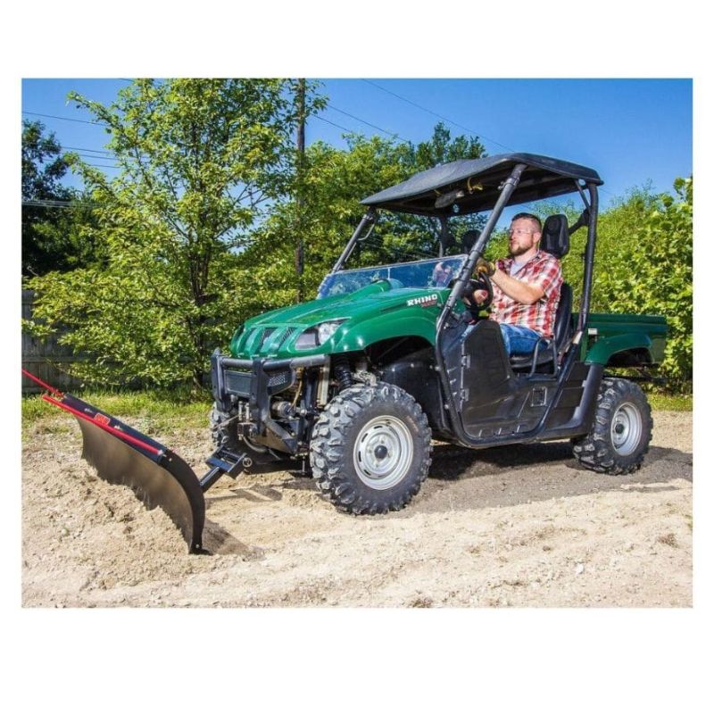 Swisher 2850 62" UTV Plow Blade, angled view, black with red details for outdoor use.