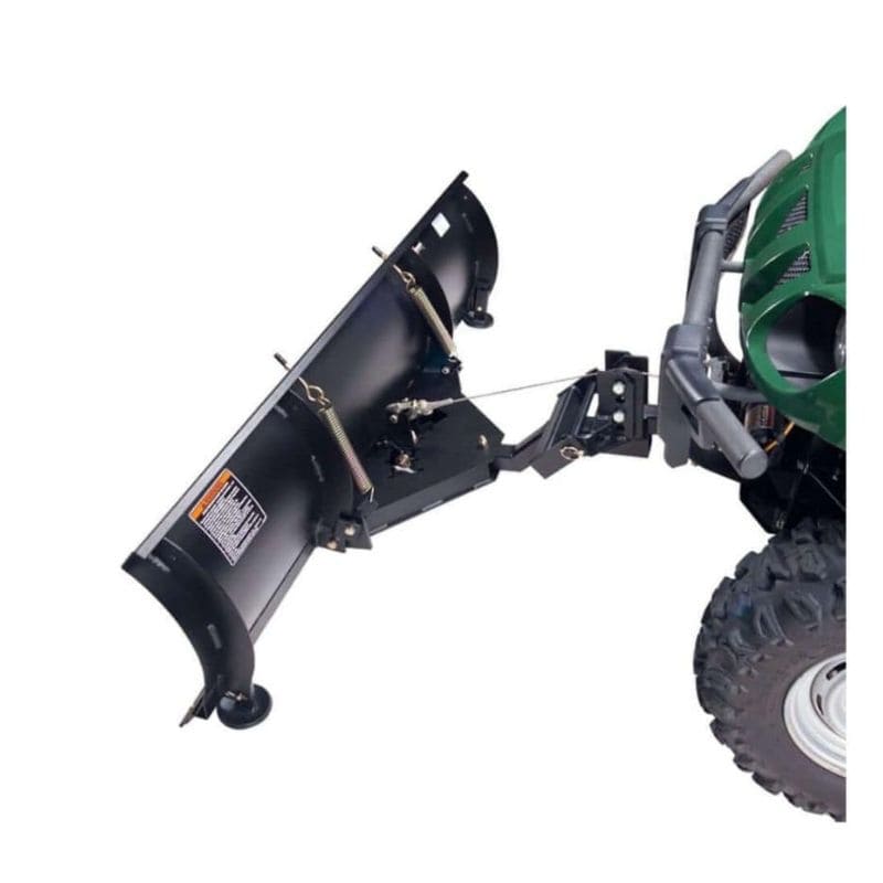 Swisher 2850 62" UTV plow blade angled view, black with mounting hardware and springs.