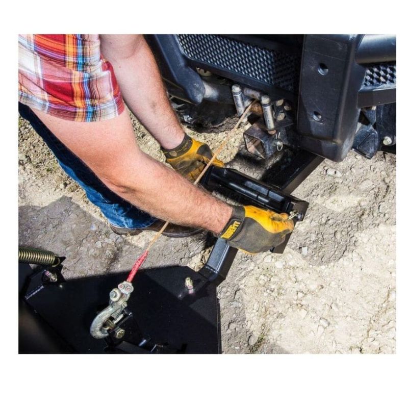 Swisher 2850 62" UTV Plow Blade attachment, black, showing mounting mechanism and rope.