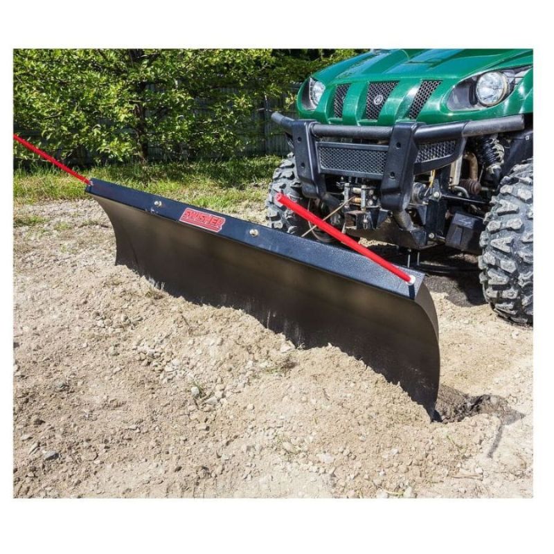 Swisher 2850 62" UTV plow blade, black with red push rods, angled front view.