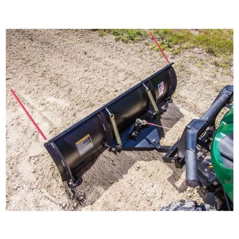 Swisher 2850 62" UTV plow blade, black with red markers, angled view showing attachments.