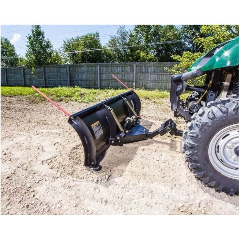 Swisher 2850 62" UTV plow blade, black, angled view with red markers and attachment features.