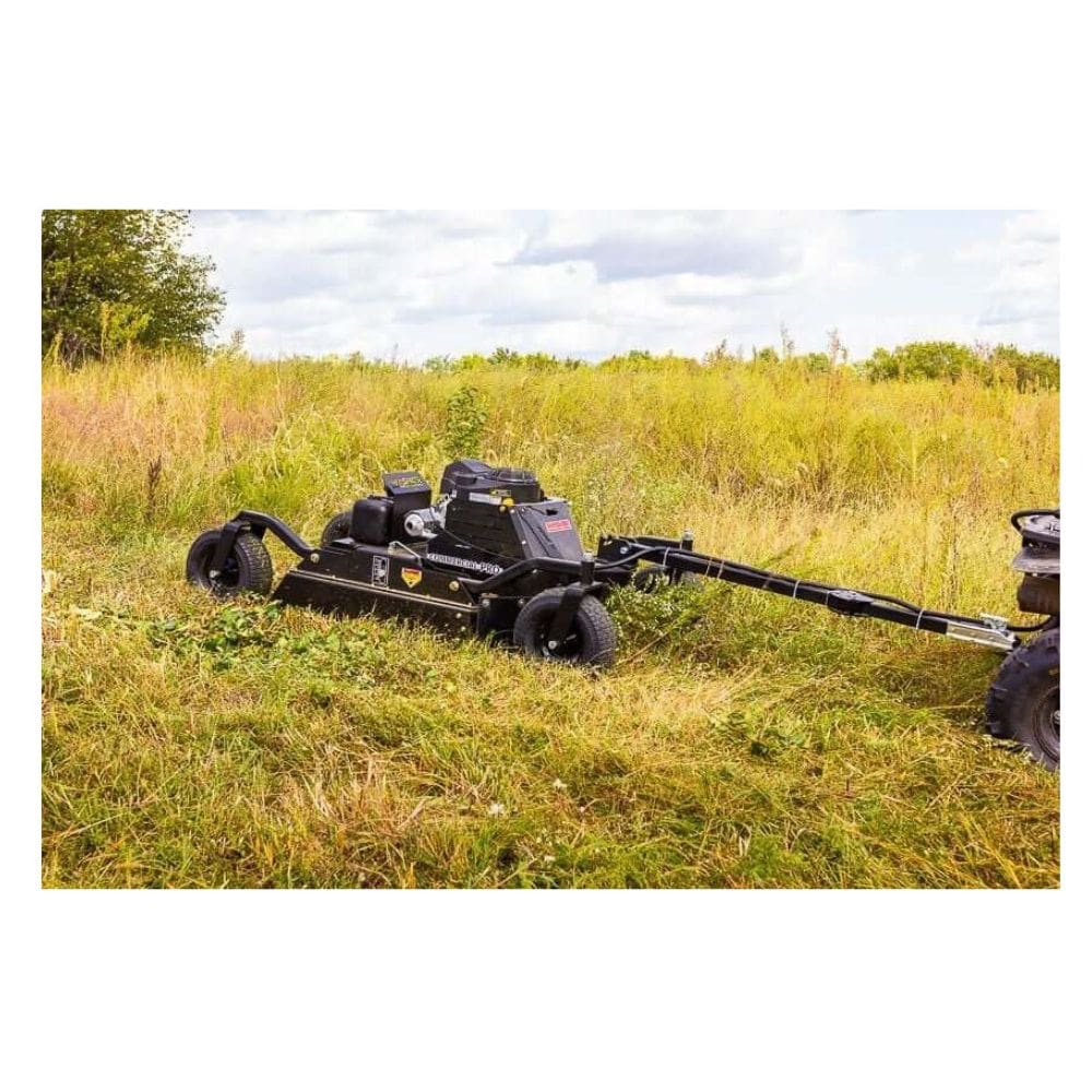 Swisher 44 Commercial Pro Rough Cut Mower, black, angled view with robust wheels and engine.