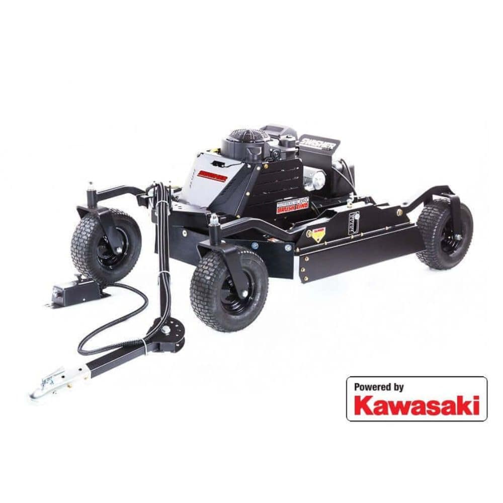 Swisher 44 Commercial Pro Rough Cut Mower, angled view, black with durable wheels and Kawasaki engine.