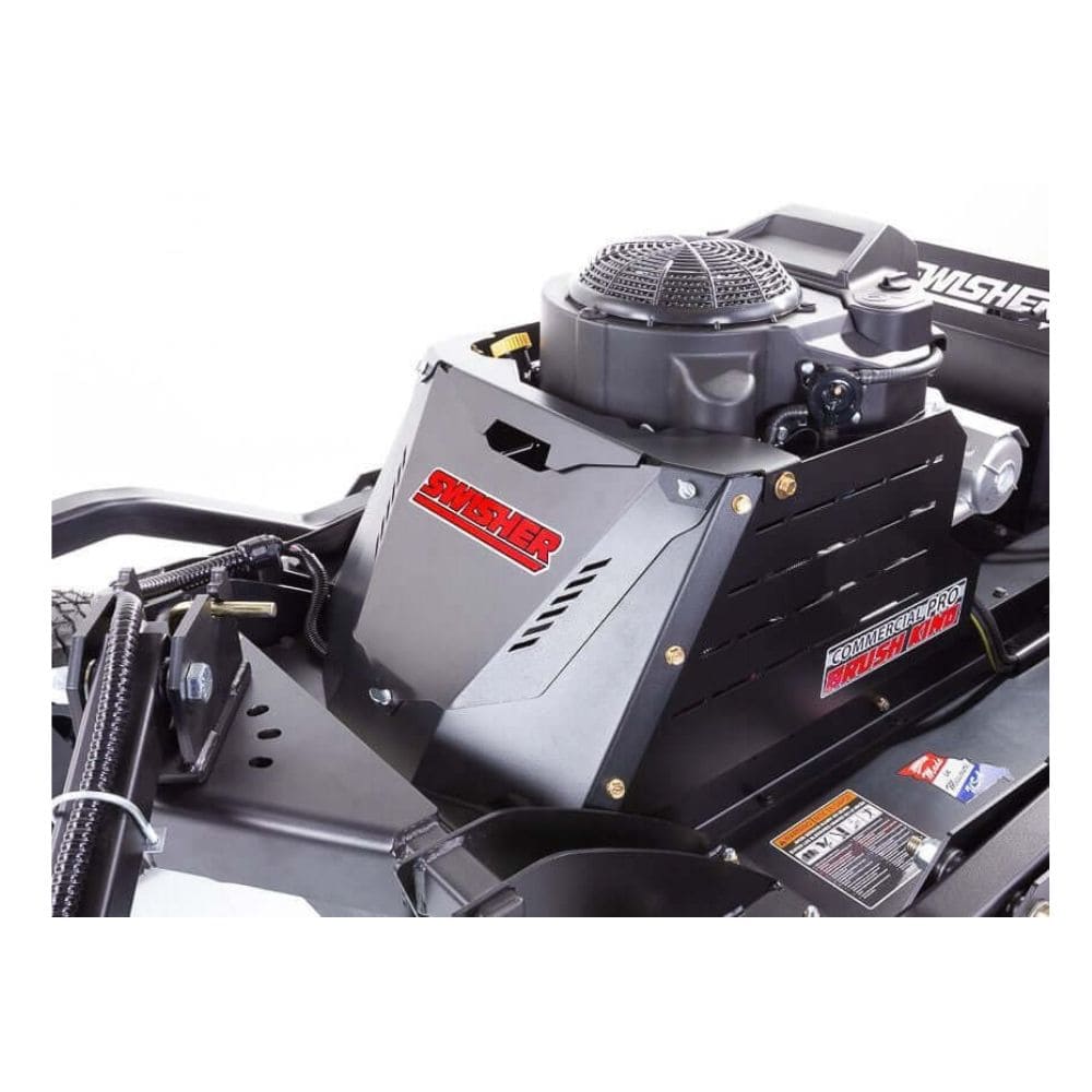 Swisher 44 Commercial Pro Rough Cut Mower, angled view showcasing the 14.5 HP Kawasaki engine and black housing.