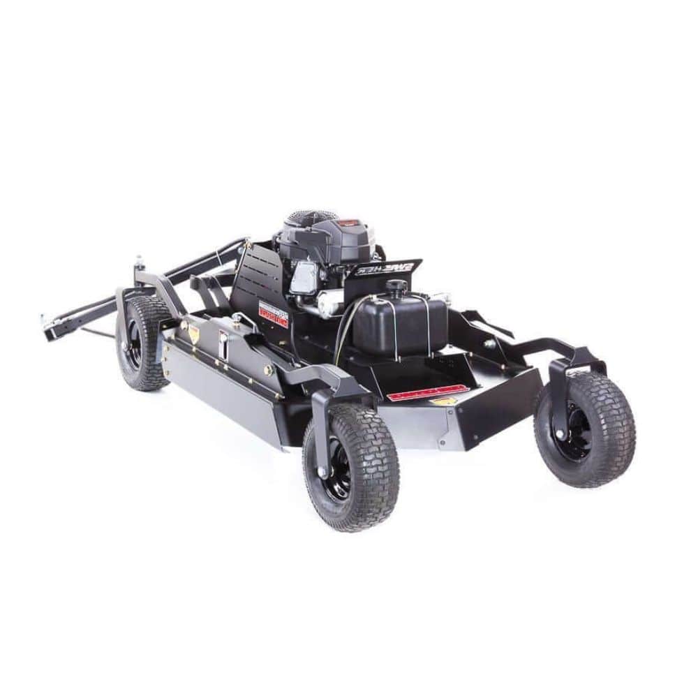 Swisher 44 Commercial Pro Rough Cut Mower, angled view, black with large front wheels and engine.